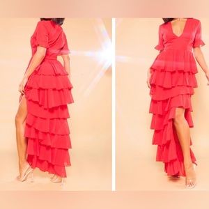 NEW Pretty Little Thing Ruffle Red Maxi Dress